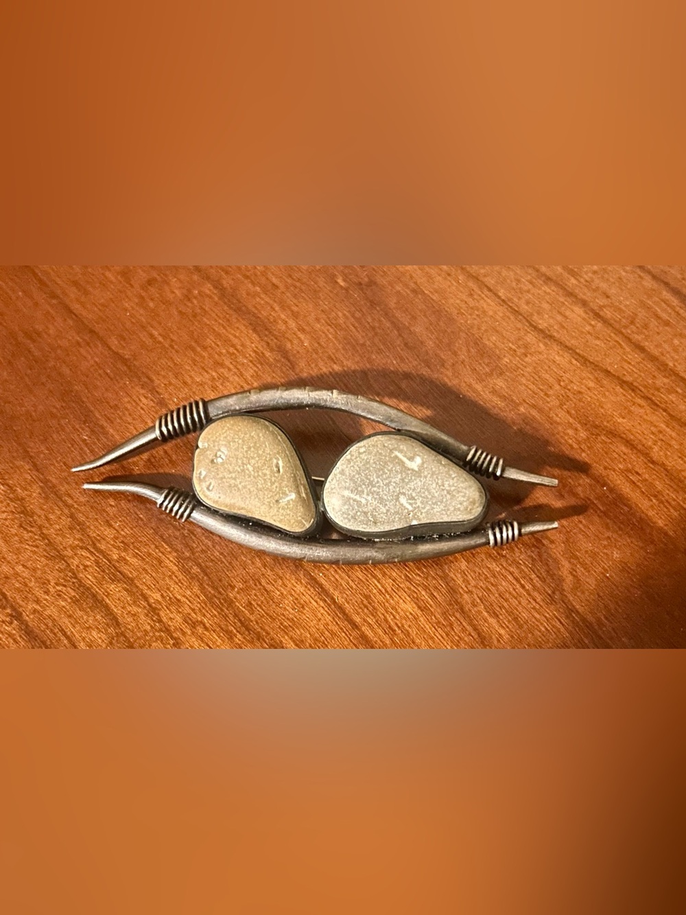 Artisan Natural River Stone Brooch in Bronze Metal